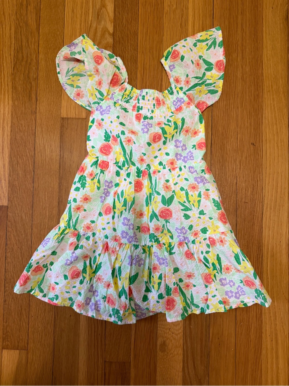 Target White Floral Ruffle Dress with Pink, Yellow & Green Print